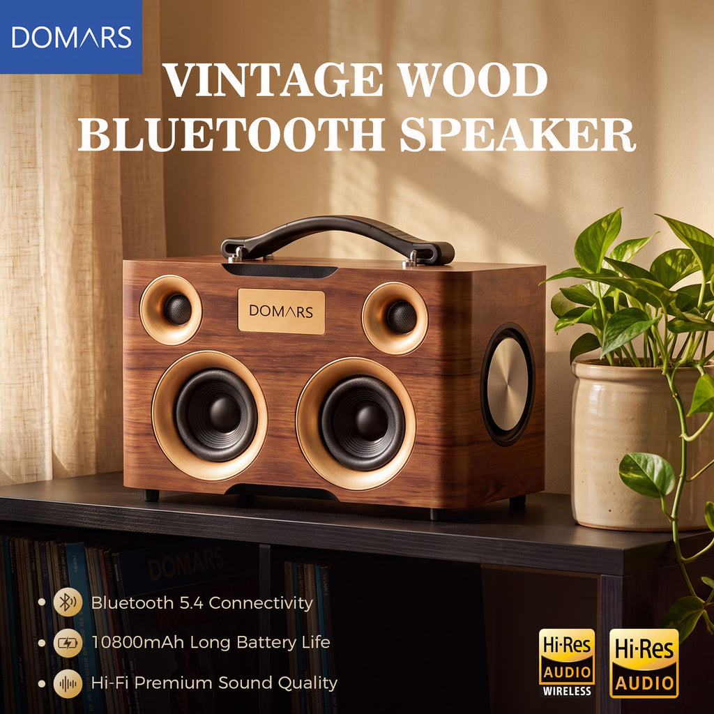 Domars Vintage Bluetooth Speaker with Dual Microphoness,50W Hi-Fi Sound Dual Microphones, 10800mAh Battery, TWS Stereo Pairing, Karaoke & Party Use, Portable Design
