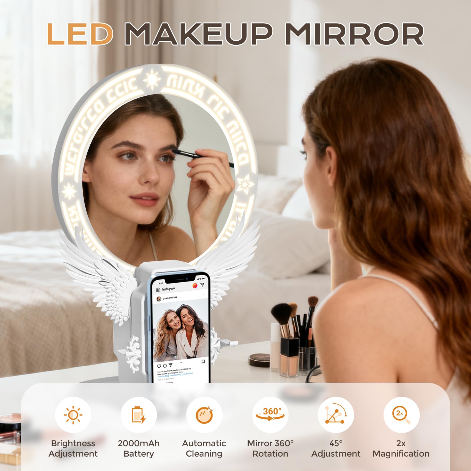 Domars 20cm Auto-Cleaning Makeup Mirror, 3 Colors & 10-Level Dimmable Touch Control, with Phone Holder, All-in-One Vanity Mirror for Streaming, Professional Makeup, Vlogging