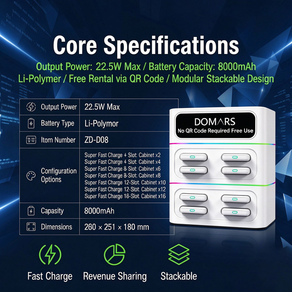 DOMARS Mobile Battery Station 22.5W Fast Charging 8000mAh Modular Stackable Commercial-Grade Shared Charging Station—No QR Code or App Required—Compact Desktop Design for Cafes, Restaurants, Hotels, and Offices