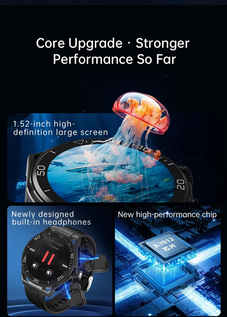 Domars Fusion 2-in-1 Smart Watch with Built-in TWS Earphones, 1.52" HD Display, 60-Day Battery, GPS Tracking, 100+ Sport Modes, Music Storage & Health Monitor for Men & Women