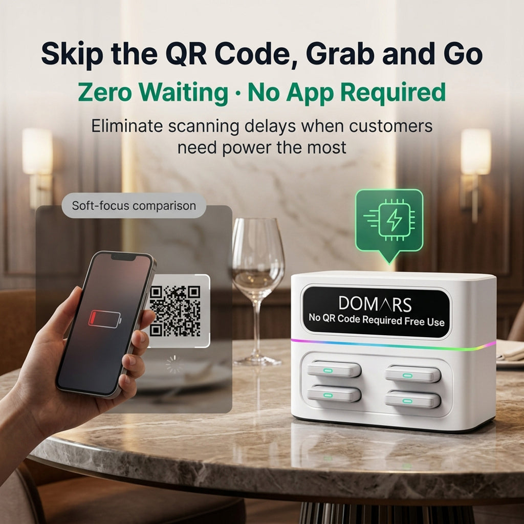 DOMARS Mobile Battery Station 22.5W Fast Charging 8000mAh Modular Stackable Commercial-Grade Shared Charging Station—No QR Code or App Required—Compact Desktop Design for Cafes, Restaurants, Hotels, and Offices