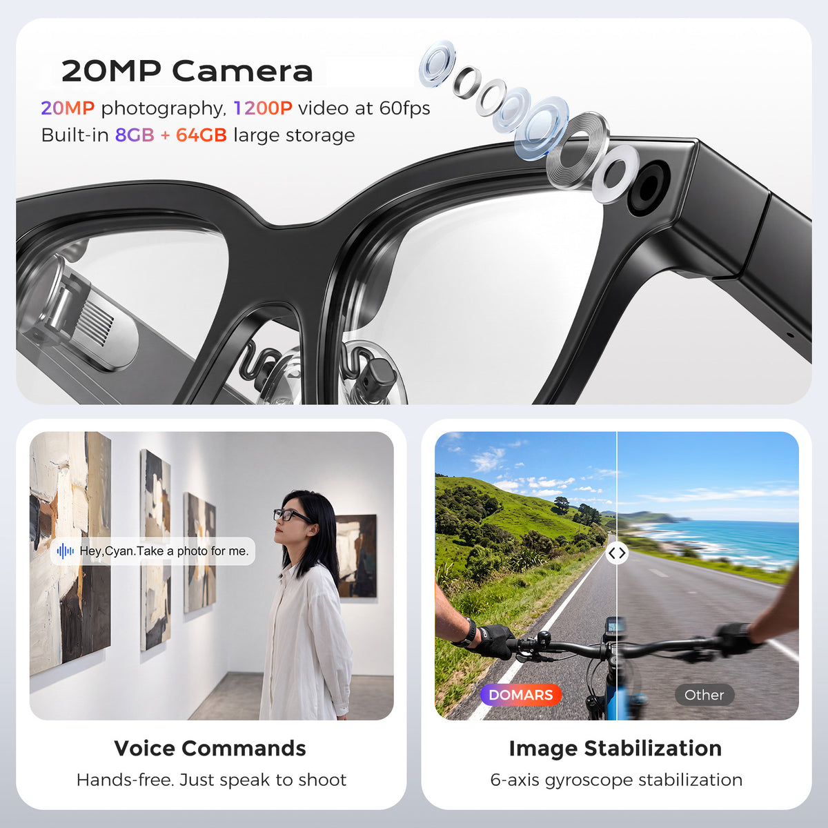 Domars Smart Glasses AI Glasses with AI translation in 145 languages,8-megapixel camera, Bluetooth 5.4,voice assistant, stereo sound and a lightweight design at 40g
