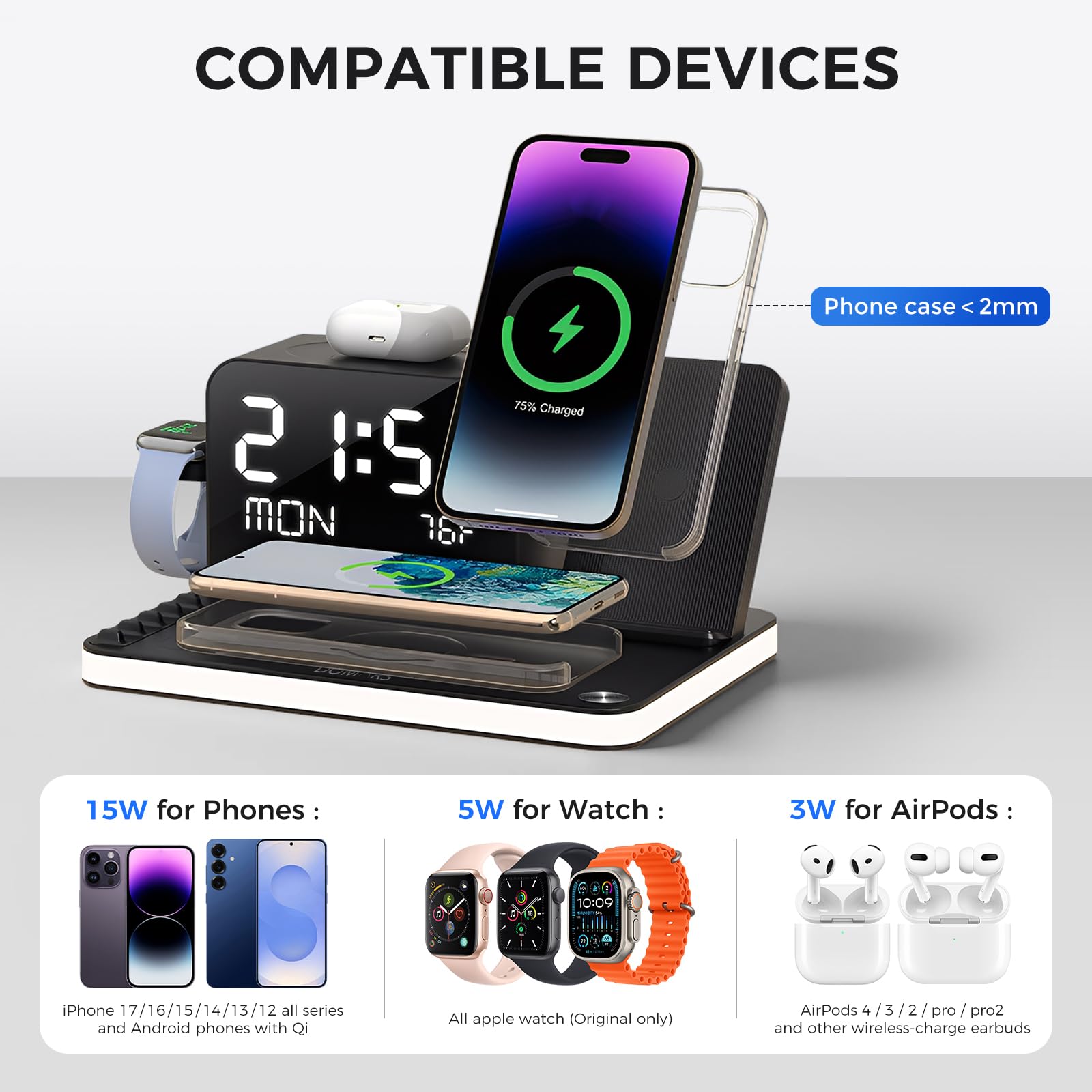 Domars 7-in-1 Wireless Charging Station, 33W Fast Charger Wireless Charger for iPhone 17/16/15 Pro Max, Apple Watch, AirPods | Charger Stand with Bluetooth Time Sync & Temperature Display