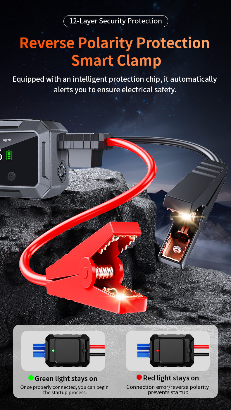 Domars Jump Starter 2000A with Tyre Inflator 10000mAh Portable Auto-Stop Air Compressor, 12V Vehicle Compatible, Dual-Cylinder Pump, Emergency LED Light, Car Battery Booster