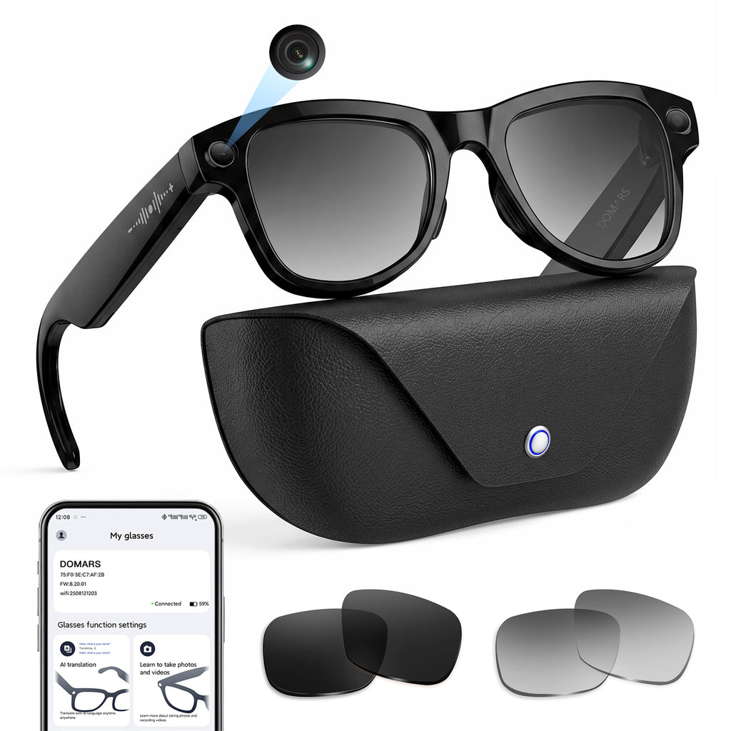 Domars AI Smart Glasses, 13MP Camera and Translation in 40 Languages, 1400mAh Charging Case, Wi-Fi and Bluetooth 5.3, Video and Audio, Real-Time Translation, Voice Assistant for iPhone 18/17/16