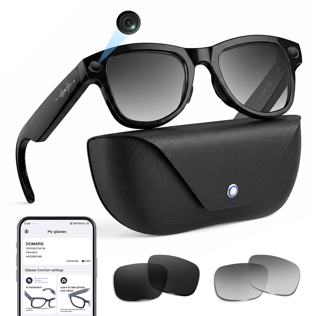 Domars AI Smart Glasses, 13MP Camera and Translation in 40 Languages, 1400mAh Charging Case, Wi-Fi and Bluetooth 5.3, Video and Audio, Real-Time Translation, Voice Assistant for iPhone 18/17/16