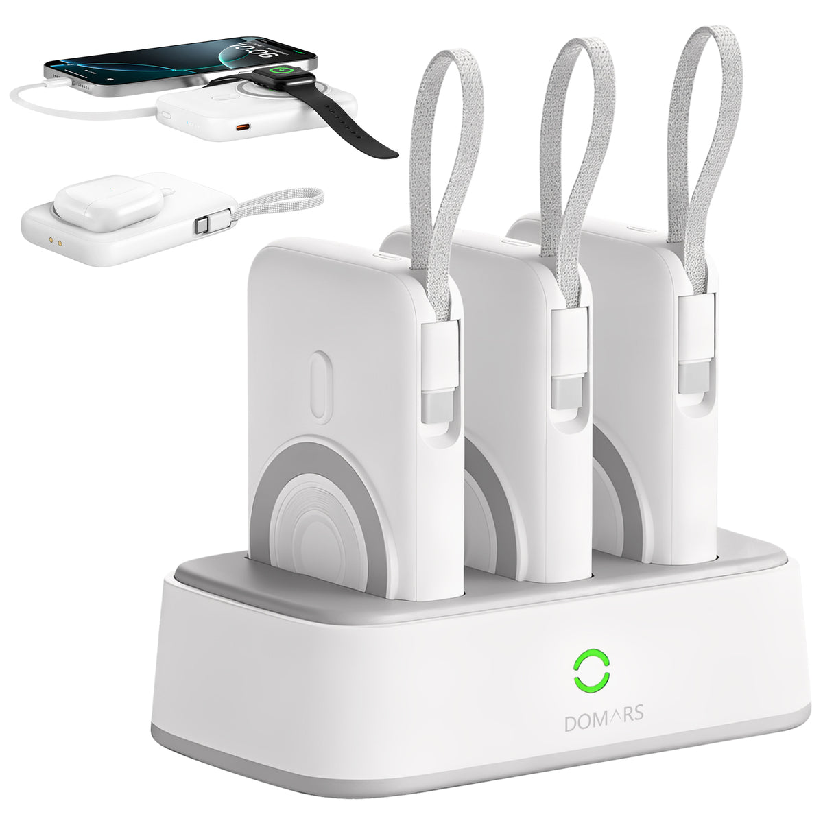 DOMARS 3-Pack Power Bank Set 10,000 mAh with Charging Station, Ultra-Thin Chargers with Built-In USB-C Cable, 15W Wireless & 22.5W Fast Charging, Airplane-Approved Batteries for Business, Travel, and Everyday Use