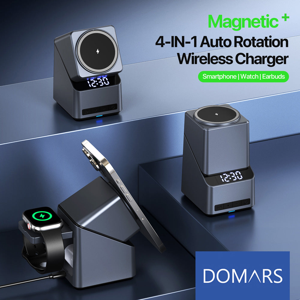 Domars Magnetic Wireless Charging Station,4-in-1 wireless charger,with 180° Auto-Rotation & Clock,Fast 15W Charger for iPhone 17-12 Series,Apple Watch, AirPods,Qi-Enabled Android Phones