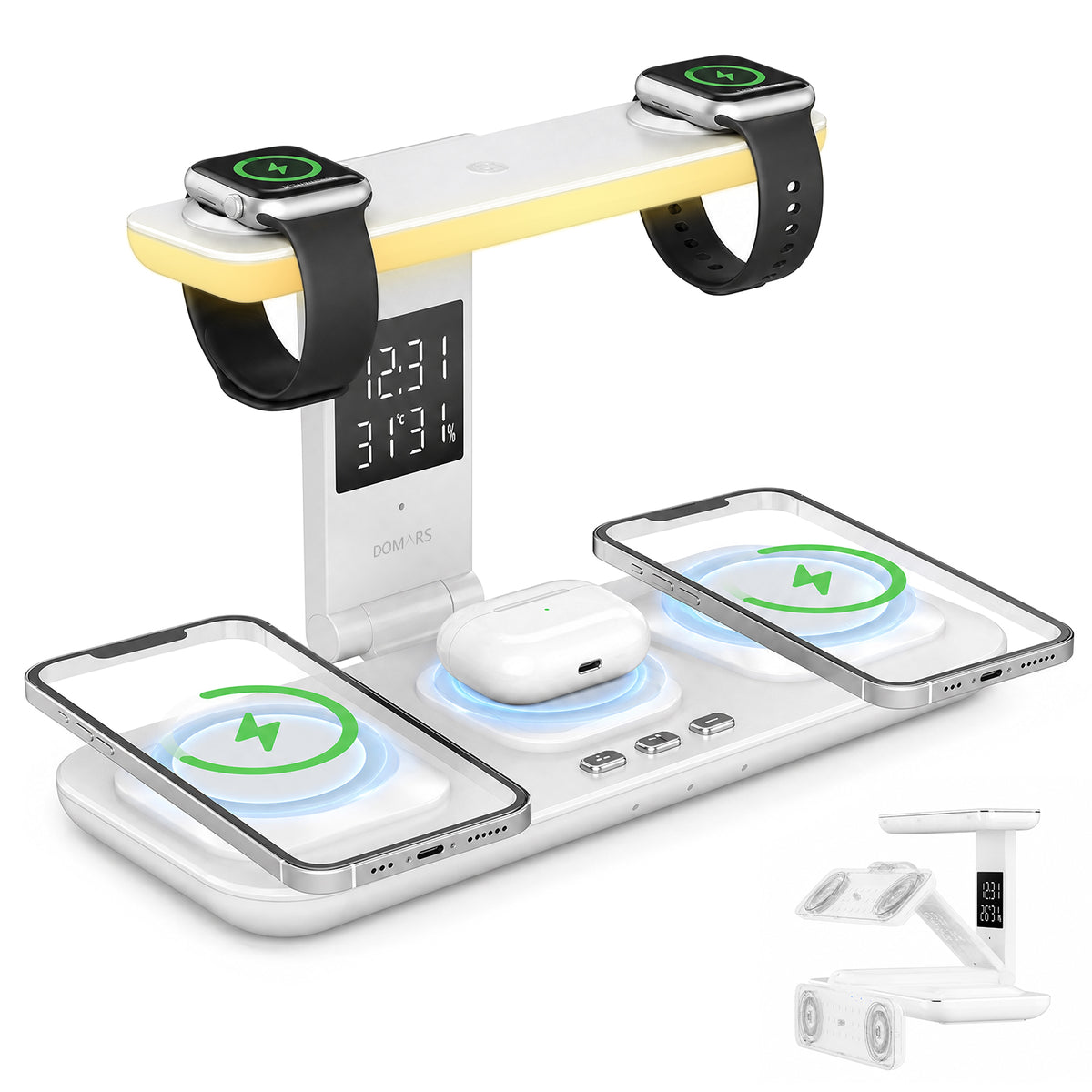 Domars 5-in-1 Foldable Wireless Charger Station, 15W Fast Charging Stand for Multiple Devices with Dual Apple Watch Charger, Touch Control Desk Lamp & Digital Clock, Compatible with iPhone 12-16, AirPods, Apple Watch Series 1-10/Ultra 1/2