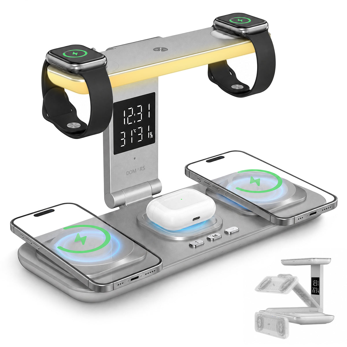 Domars 5-in-1 Foldable Wireless Charger Station, 15W Fast Charging Stand for Multiple Devices with Dual Apple Watch Charger, Touch Control Desk Lamp & Digital Clock, Compatible with iPhone 12-16, AirPods, Apple Watch Series 1-10/Ultra 1/2