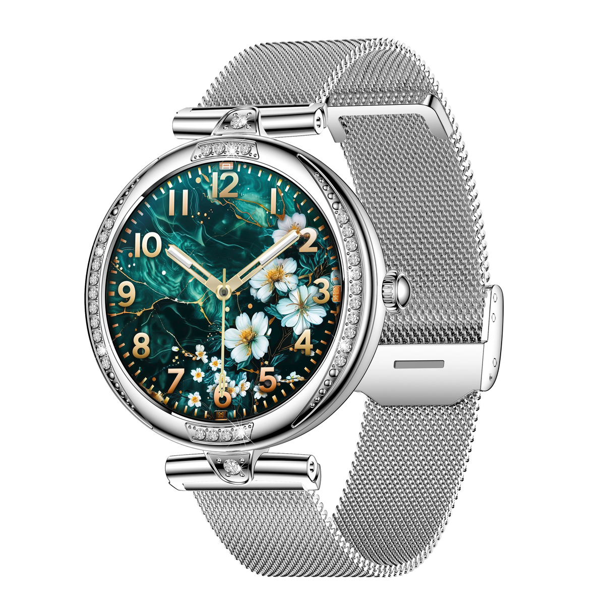 Women Smart Watch, Bluetooth Calling Fitness Tracker, 1.19” AMOLED Diamond Round Wrist Watch IP68 Waterproof Stainless Steel Band Smartwatch for Android iOS Gold Silver