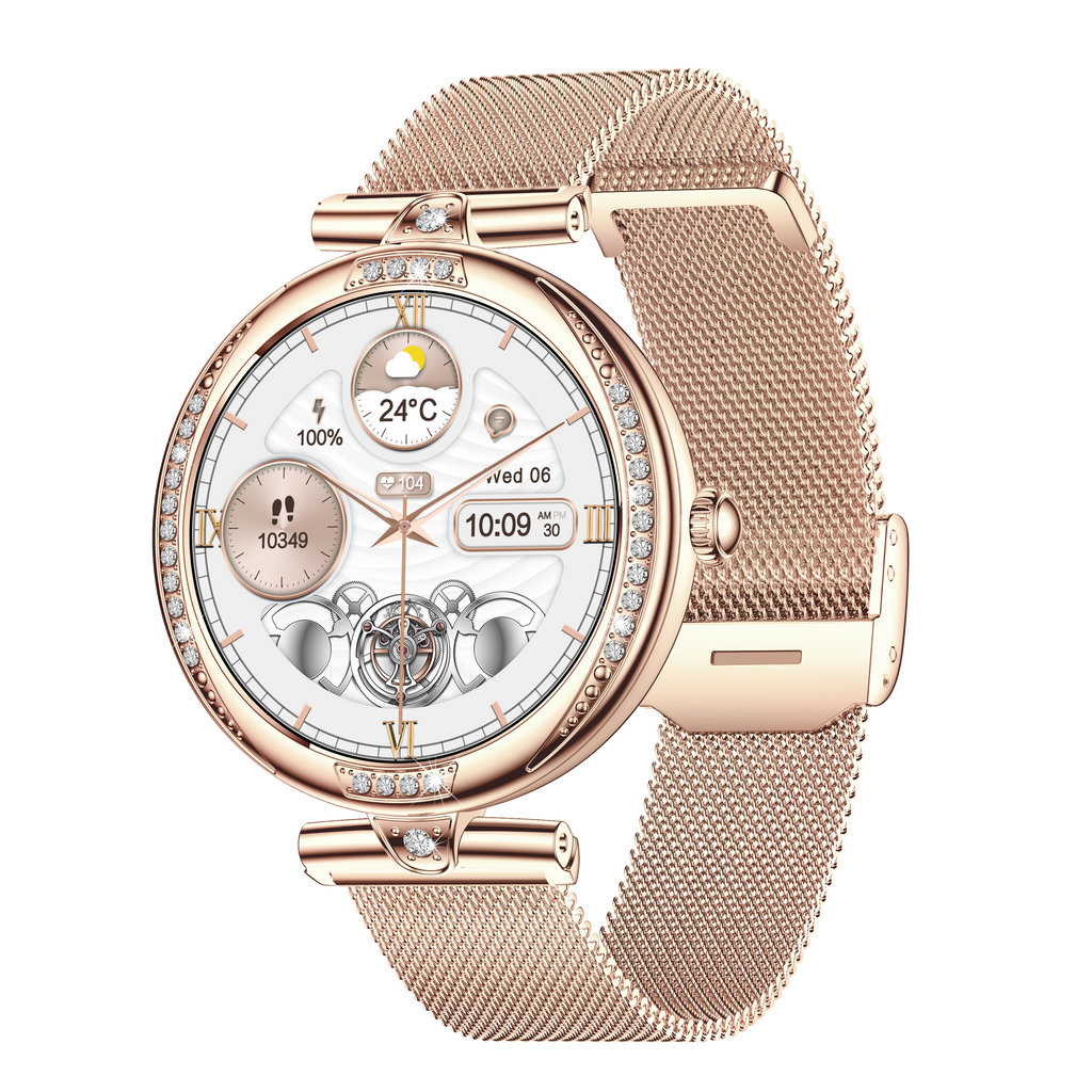 Women Smart Watch, Bluetooth Calling Fitness Tracker, 1.19” AMOLED Diamond Round Wrist Watch IP68 Waterproof Stainless Steel Band Smartwatch for Android iOS Gold Silver