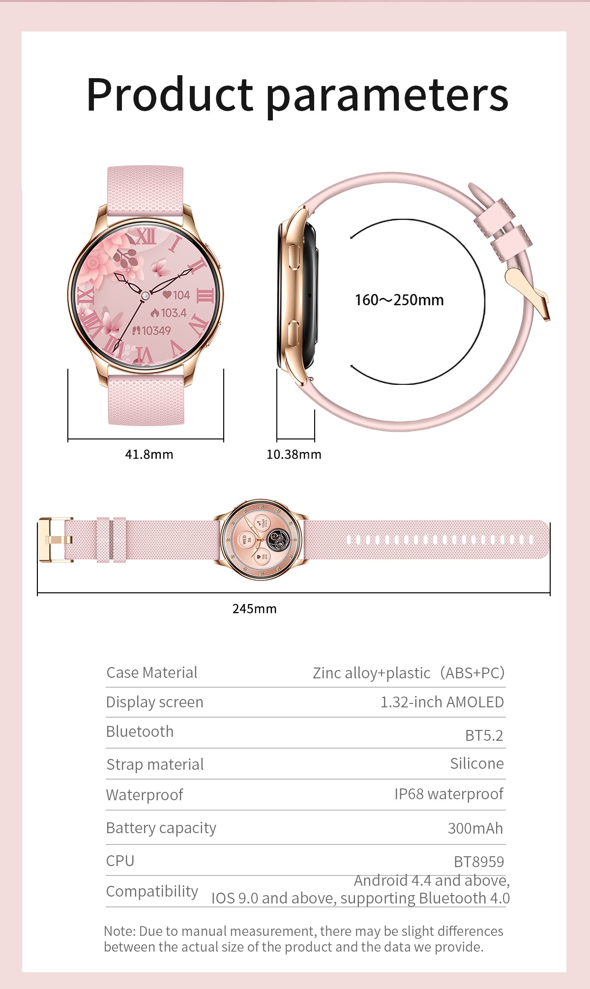 Women Smart Watch with Bluetooth Calling, 1.32" AMOLED Round Screen IP68 Waterproof Fitness Tracker, Multi Sports Modes Activity Watch Compatible with iPhone Android