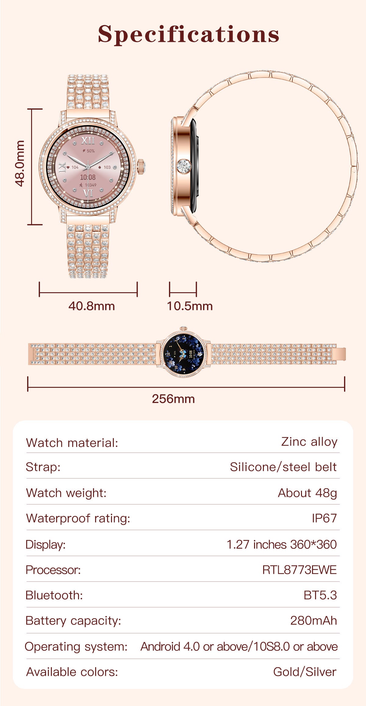 Smart Watch for Women, Diamond Encrusted Fitness Tracker, 1.27" HD Touch Screen IP67 Waterproof Smartwatch Compatible with iOS Android, Multi Sport Modes Long Battery Life Ladies Wrist Watch