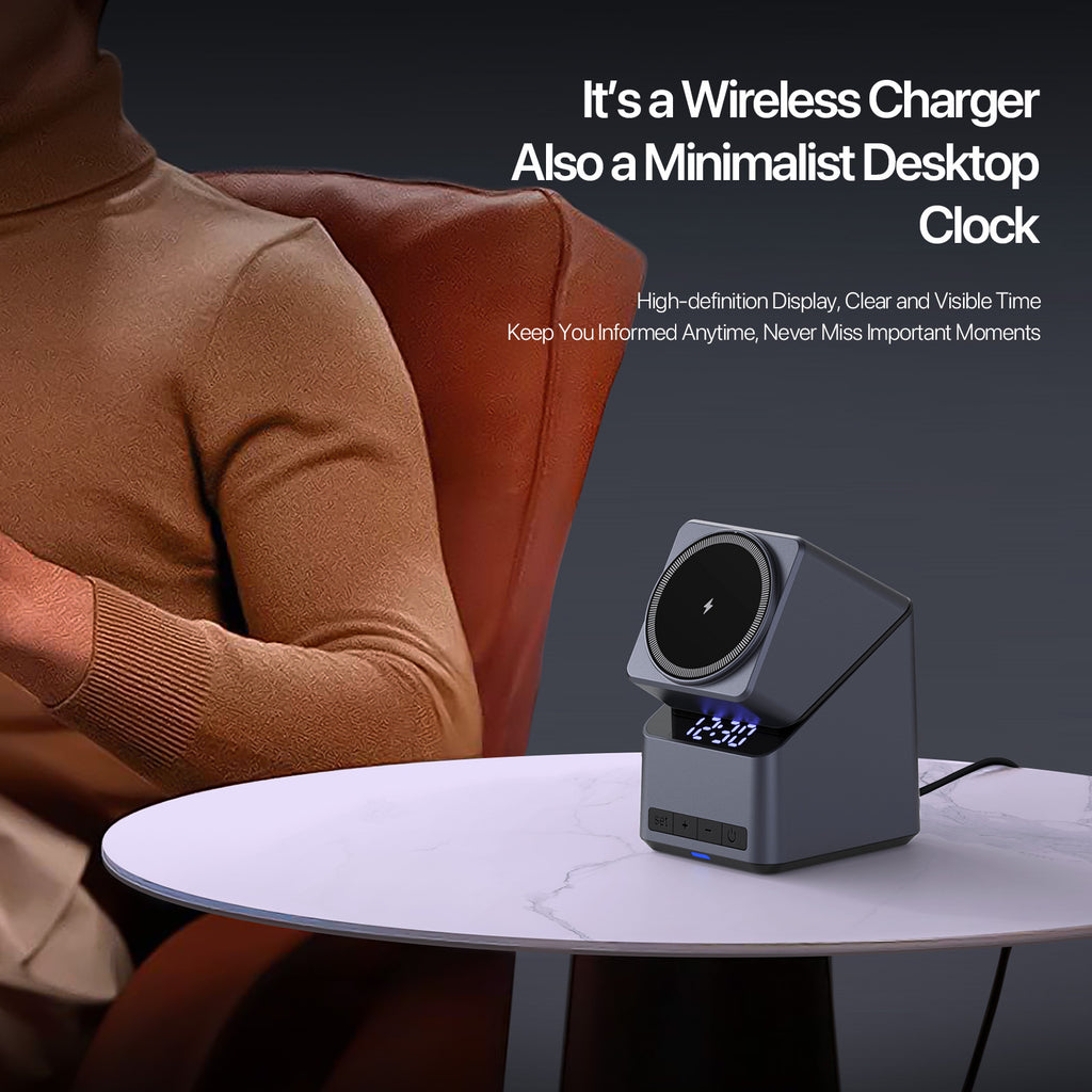 Domars Magnetic Wireless Charging Station,4-in-1 wireless charger,with 180° Auto-Rotation & Clock,Fast 15W Charger for iPhone 17-12 Series,Apple Watch, AirPods,Qi-Enabled Android Phones