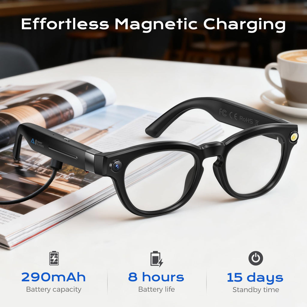 Domars Al Smart Glasses with 8MP Camera & 4K Video, AI Real-Time Translation, Auto-Dimming Lenses, Bluetooth 5.3, Magnetic Charging, UV Protection – for Work, Travel & Everyday Use