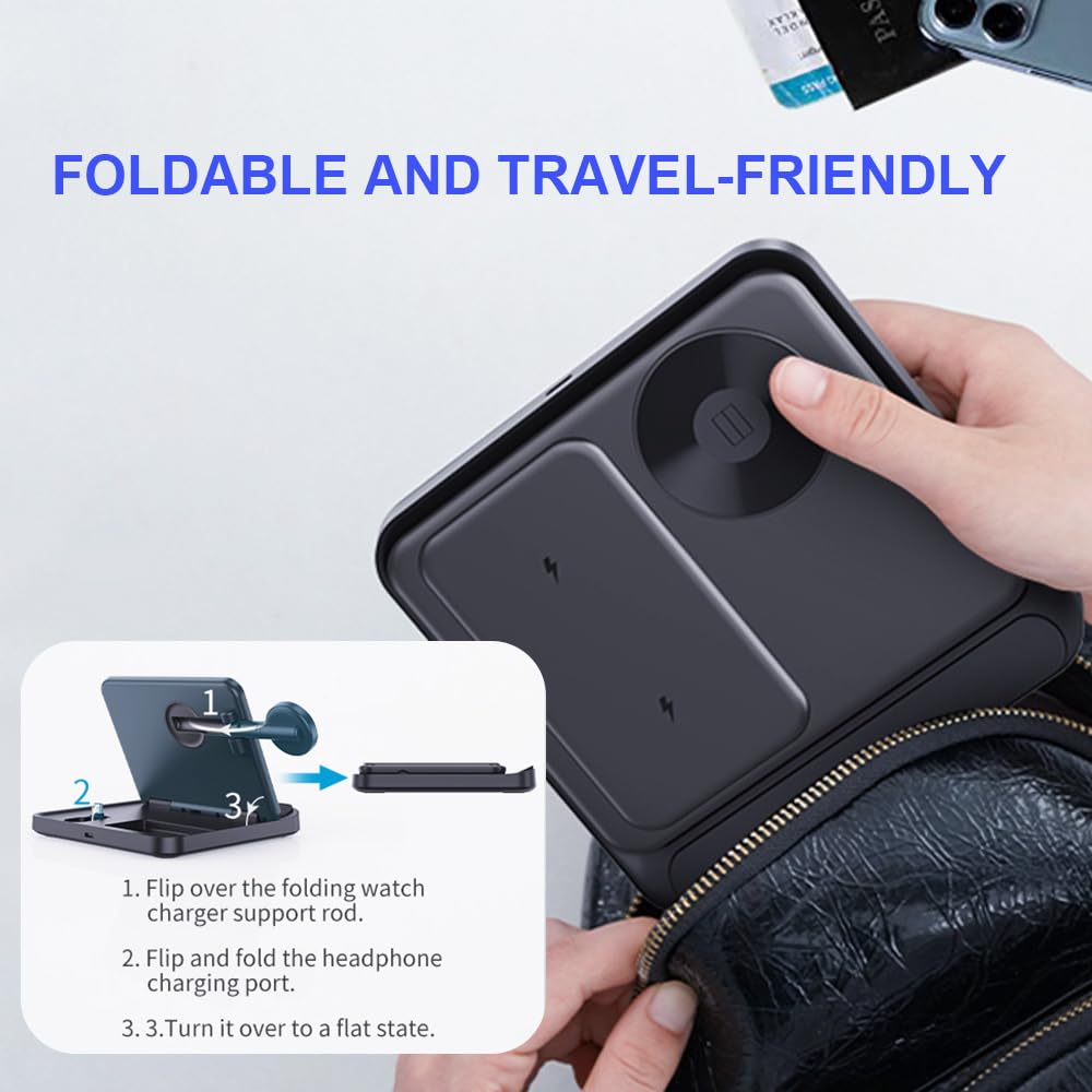 Domars 3-in-1 Foldable Wireless Charging Station, 15W Fast Charger for Samsung Galaxy Z Fold/Flip 5-1, iPhone 17-12, Galaxy Watch 6-1 & Buds, Compact Desktop Stand