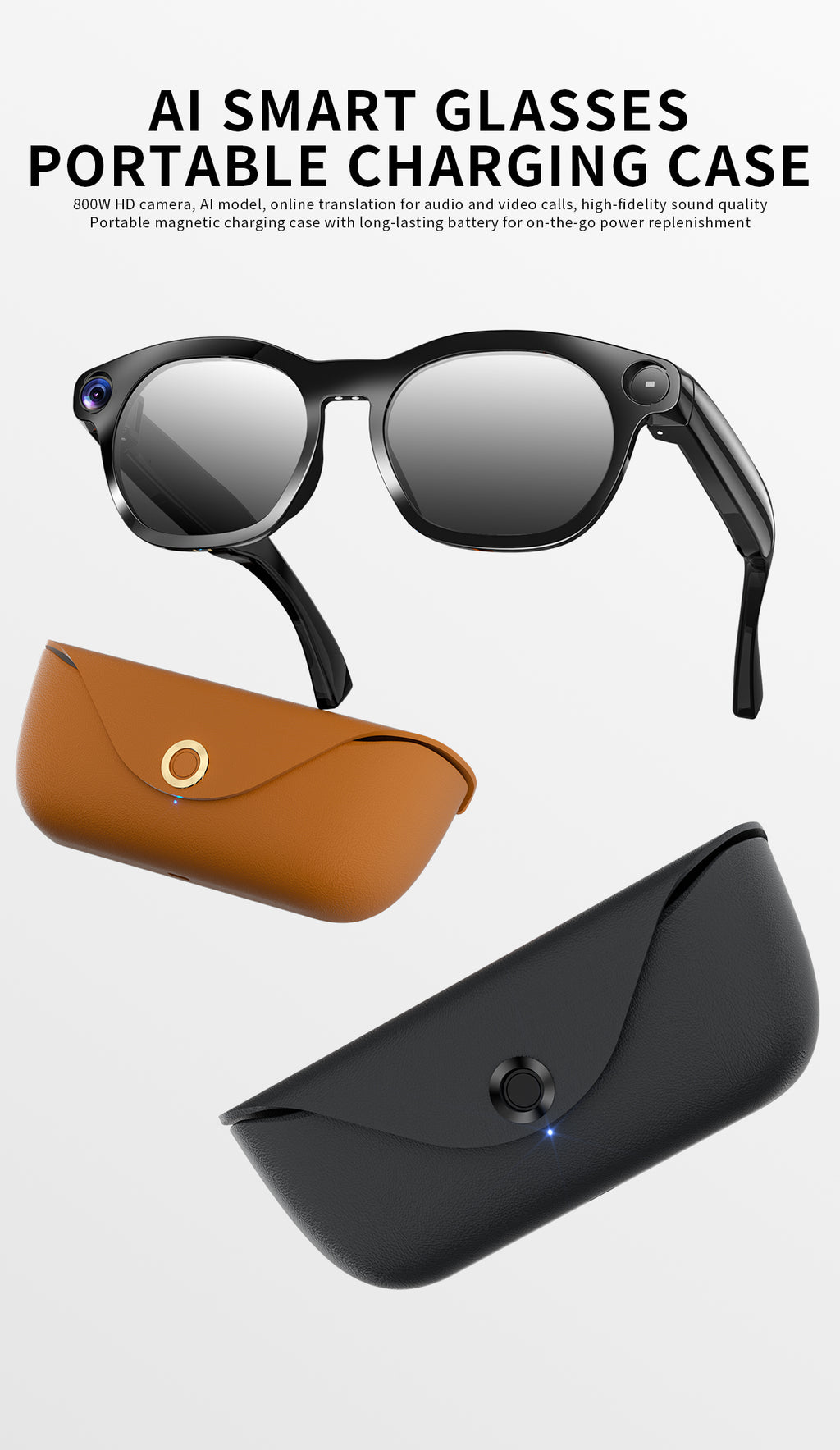 Domars AI Smart Glasses with Photochromic Lens, 8MP 1080P HD Camera for Video Recording, Voice‑Activated AI Assistant, Bluetooth Calling & Music, Portable 2000mAh Magnetic Charging Case for Outdoor Travel Daily Use