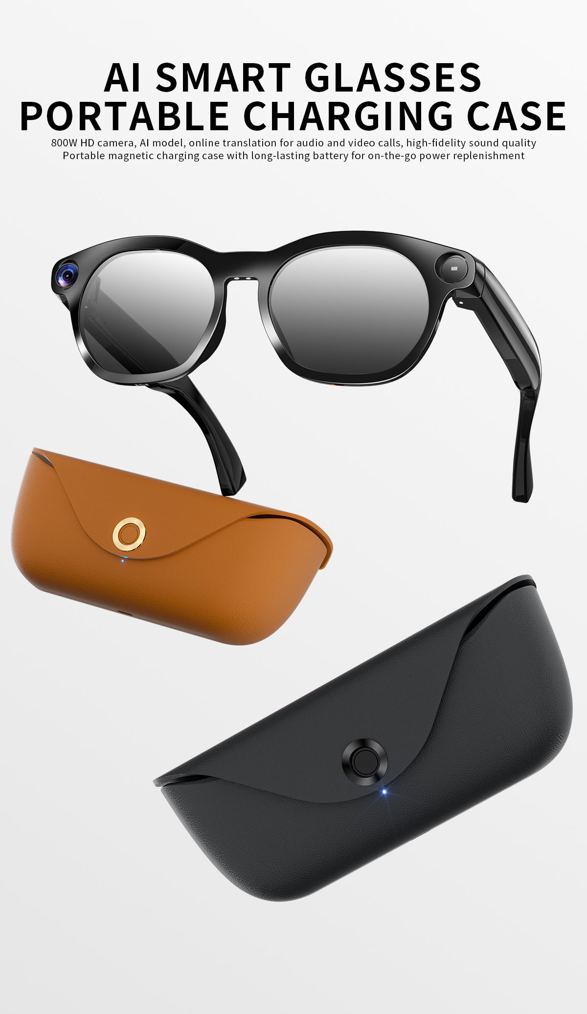 Domars AI Smart Glasses with Photochromic Lens, 8MP 1080P HD Camera for Video Recording, Voice‑Activated AI Assistant, Bluetooth Calling & Music, Portable 2000mAh Magnetic Charging Case for Outdoor Travel Daily Use