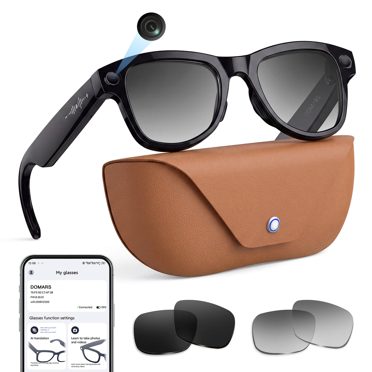 Domars AI Smart Glasses, 13MP Camera and Translation in 40 Languages, 1400mAh Charging Case, Wi-Fi and Bluetooth 5.3, Video and Audio, Real-Time Translation, Voice Assistant for iPhone 18/17/16