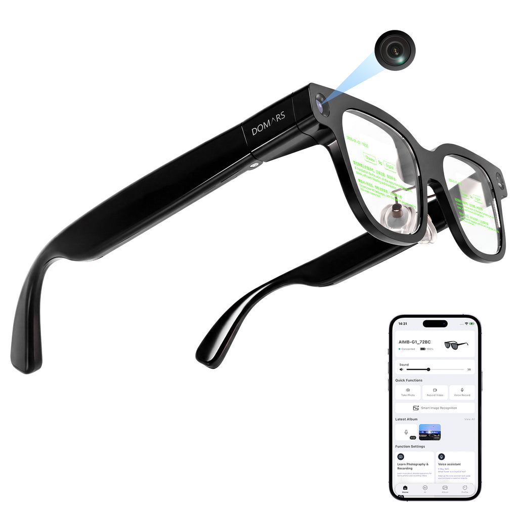Domars Smart Glasses AI Glasses with AI translation in 145 languages,8-megapixel camera, Bluetooth 5.4,voice assistant, stereo sound and a lightweight design at 40g
