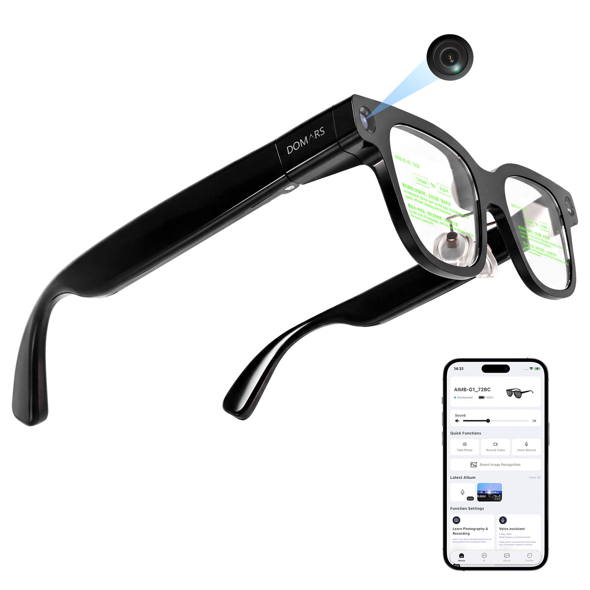 Domars Smart Glasses AI Glasses with AI translation in 145 languages,8-megapixel camera, Bluetooth 5.4,voice assistant, stereo sound and a lightweight design at 40g