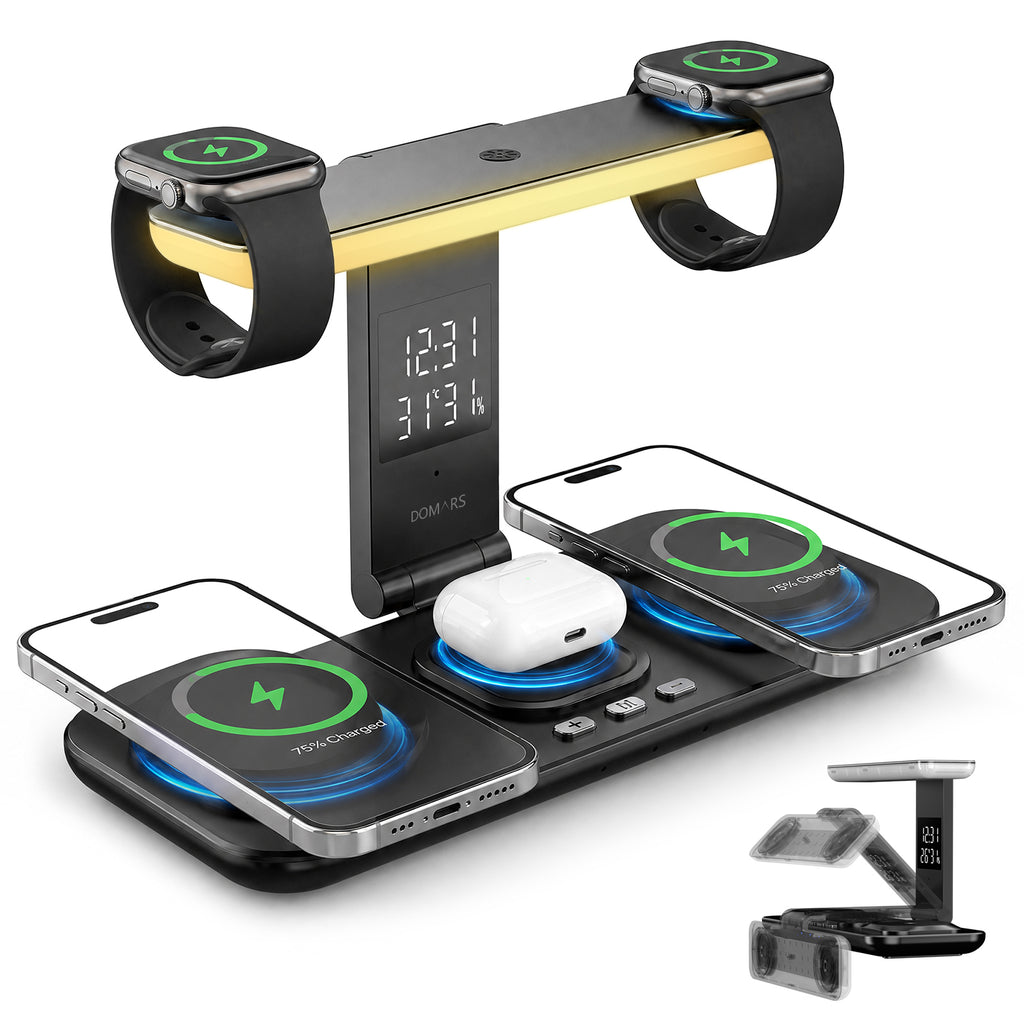 Domars 5-in-1 Foldable Wireless Charger Station, 15W Fast Charging Stand for Multiple Devices with Dual Apple Watch Charger, Touch Control Desk Lamp & Digital Clock, Compatible with iPhone 12-16, AirPods, Apple Watch Series 1-10/Ultra 1/2