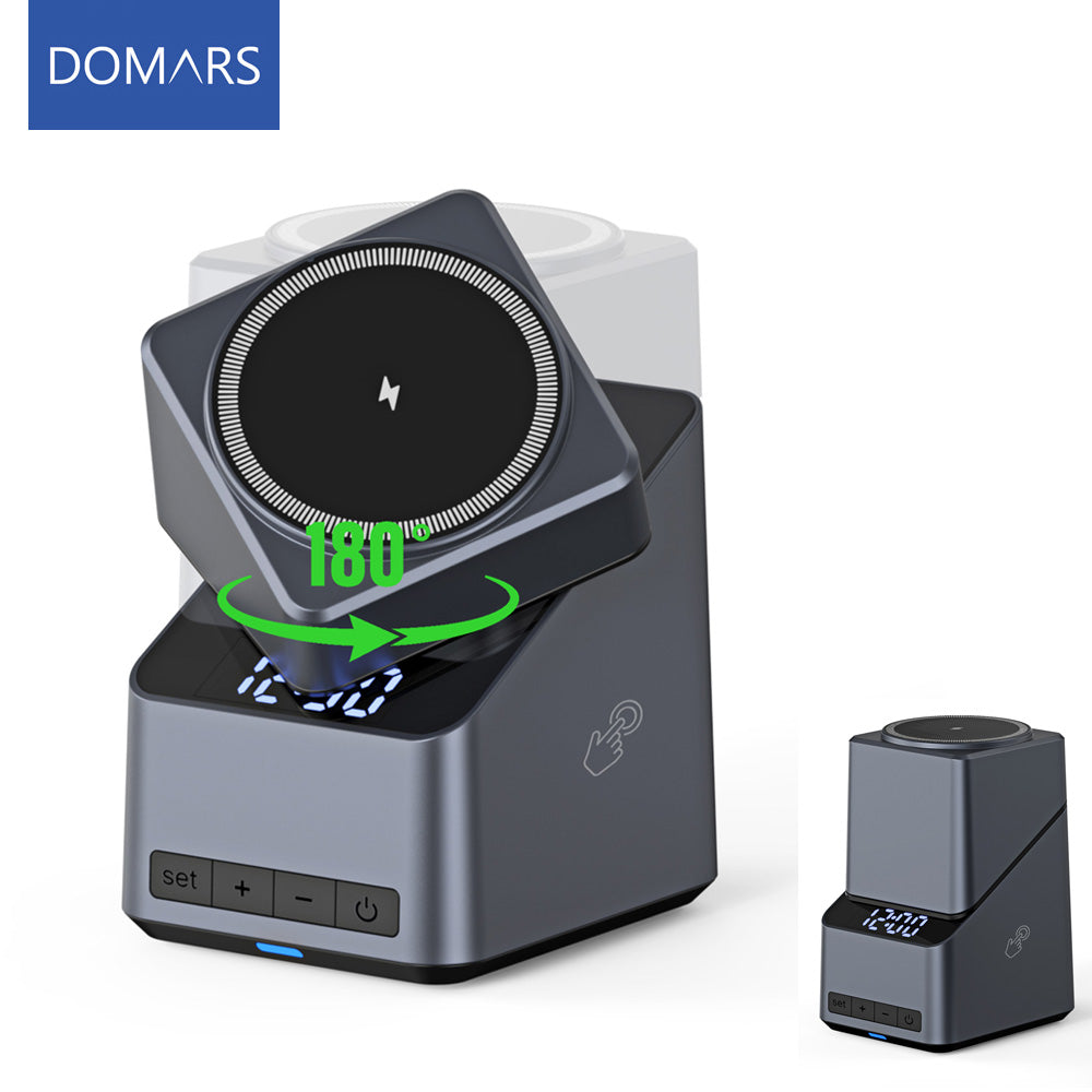 Domars Magnetic Wireless Charging Station,4-in-1 wireless charger,with 180° Auto-Rotation & Clock,Fast 15W Charger for iPhone 17-12 Series,Apple Watch, AirPods,Qi-Enabled Android Phones