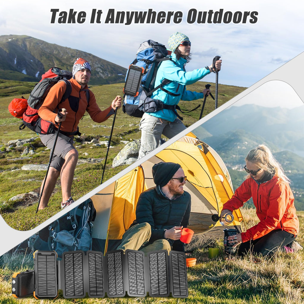 Domars Solar Power Bank 20000mAh with 6 Solar Panels, Super Fast Charging USB-C Portable Charger, IPX5 Water-Resistant External Battery Pack with Flashlight/SOS for Outdoor Emergency