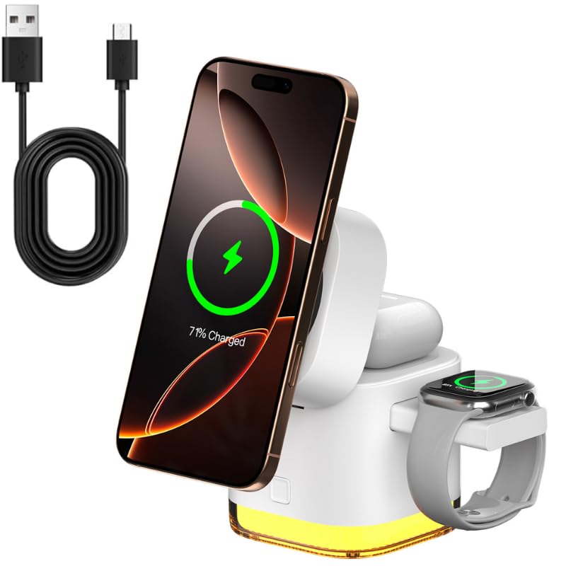 5-in-1 MagSafe Wireless Charging Station | 15W Fast Charger Compatible with iPhone 16-12, Apple Watch, AirPods | Built-in Cable & Night Light | Portable Dock for Home, Office, Travel