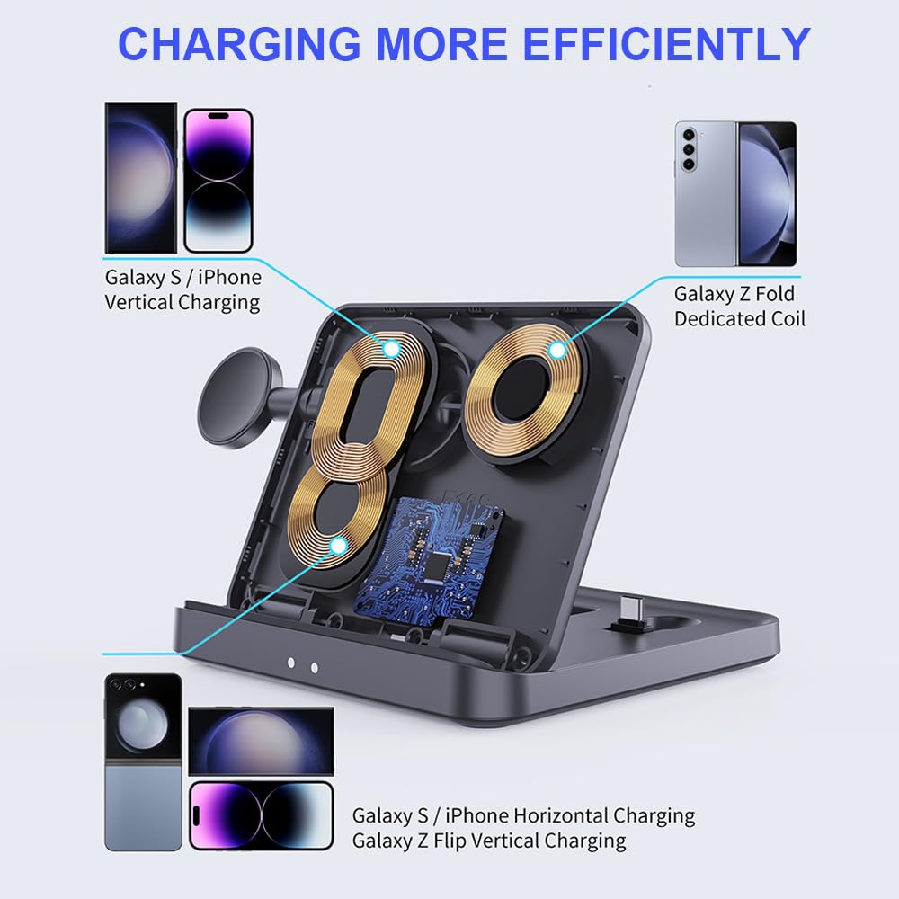 Domars 3-in-1 Foldable Wireless Charging Station, 15W Fast Charger for Samsung Galaxy Z Fold/Flip 5-1, iPhone 17-12, Galaxy Watch 6-1 & Buds, Compact Desktop Stand