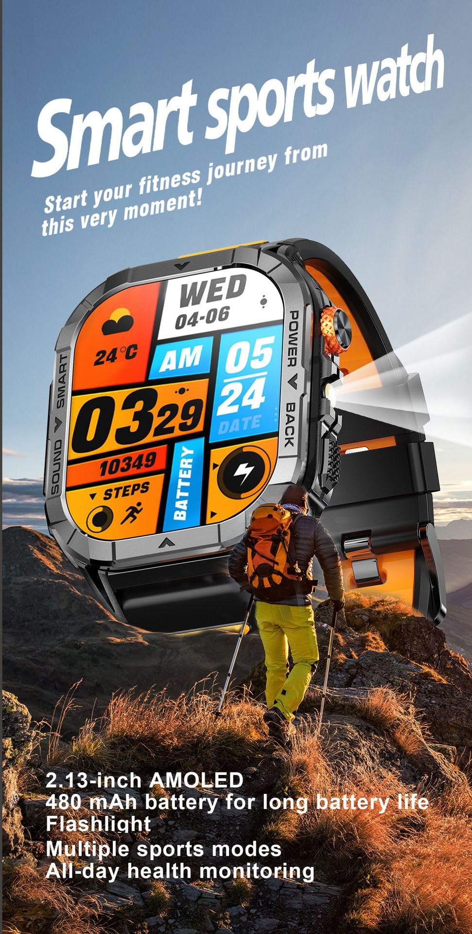Domars Smart Watch for Men, 2.13" AMOLED HD Display Fitness Tracker, 100+ Sport Modes, IP68 Waterproof, Bluetooth 5.3, Heart Rate Sleep Monitor, LED Flashlight, iOS Android Compatible