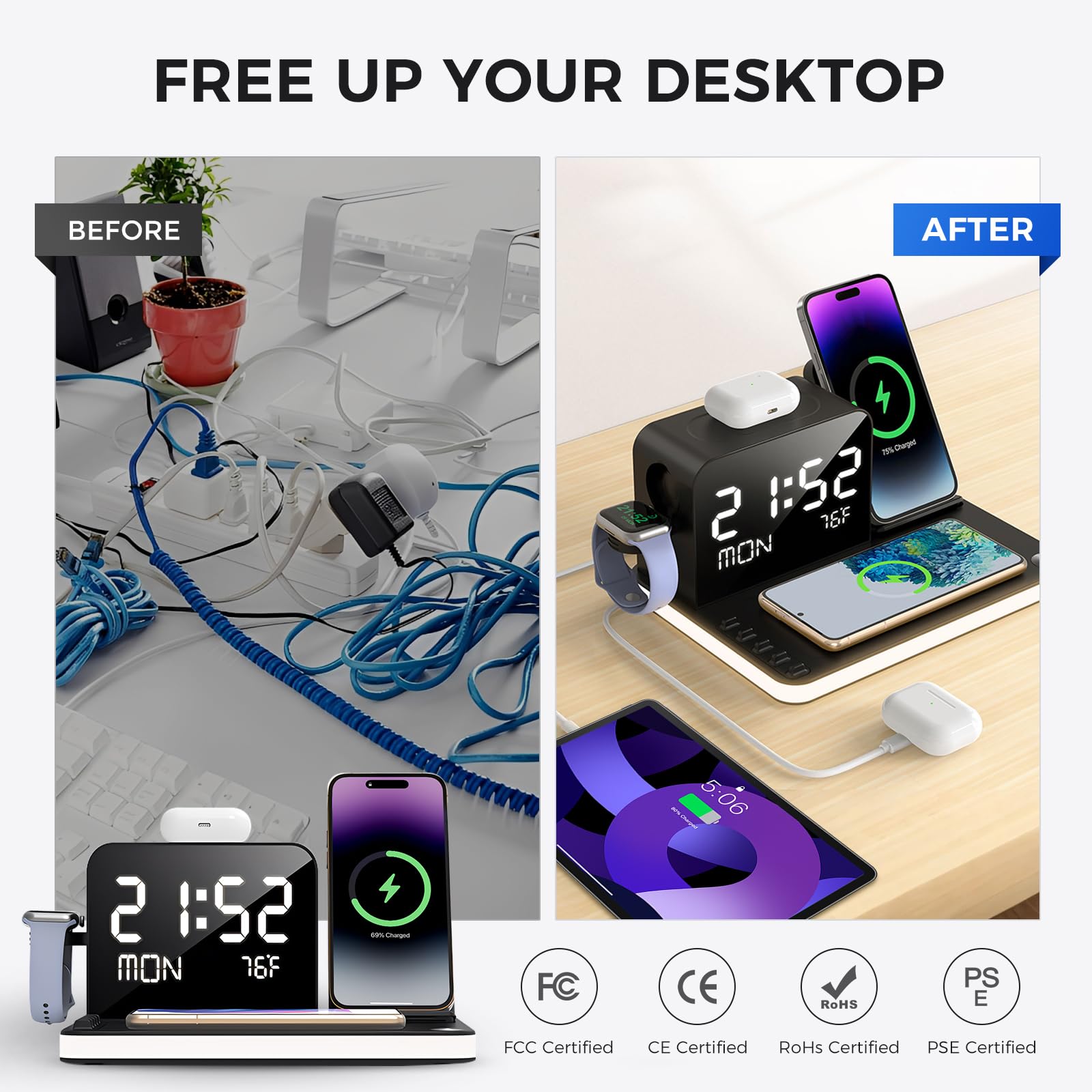 Domars 7-in-1 Wireless Charging Station, 33W Fast Charger Wireless Charger for iPhone 17/16/15 Pro Max, Apple Watch, AirPods | Charger Stand with Bluetooth Time Sync & Temperature Display