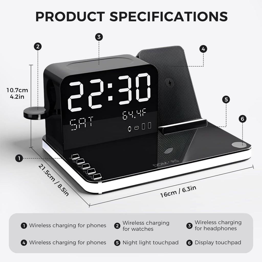 Domars 7-in-1 Wireless Charging Station, 33W Fast Charger Wireless Charger for iPhone 17/16/15 Pro Max, Apple Watch, AirPods | Charger Stand with Bluetooth Time Sync & Temperature Display