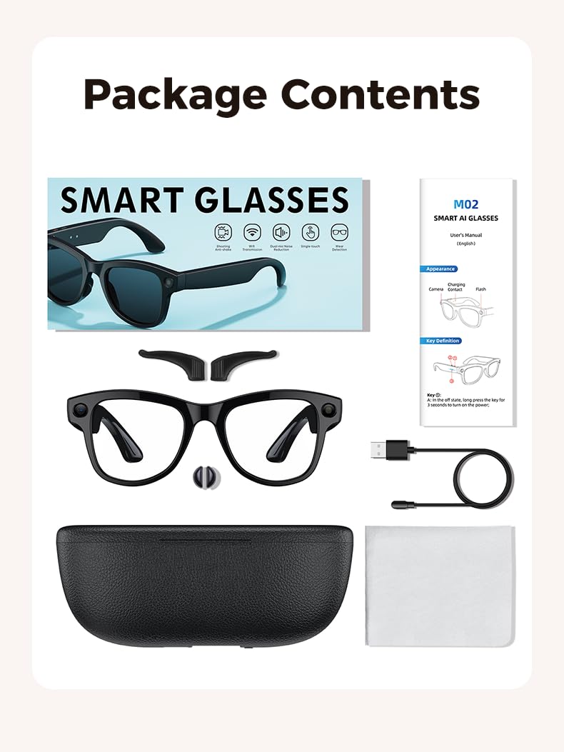 Domars Ultra AI Smart Glasses with 3600mAh Charging Case, 8MP Camera, Built-in ChatGPT, Voice Assistant, Hands-Free Recording & Translation, 32GB Memory, for Travel & Office