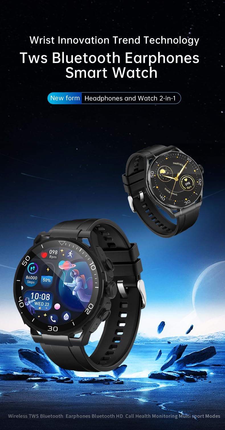 Domars Fusion 2-in-1 Smart Watch with Built-in TWS Earphones, 1.52" HD Display, 60-Day Battery, GPS Tracking, 100+ Sport Modes, Music Storage & Health Monitor for Men & Women