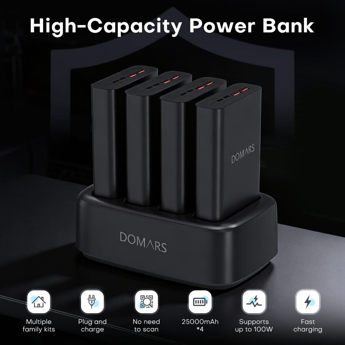 Domars Power Bank 25000mAh Laptop Charger,100W PD Fast Charging Portable Charger with 4 USB Ports,USB C Battery Pack for MacBook Pro Dell XPS iPhone Samsung