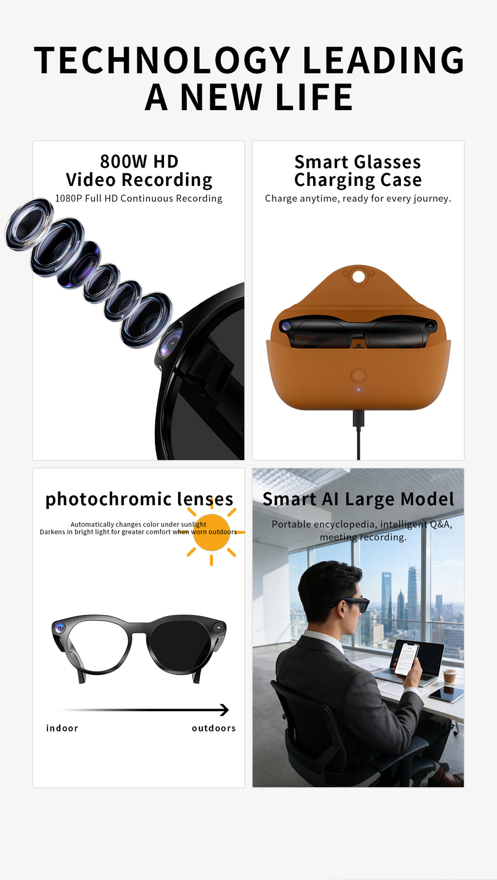 Domars AI Smart Glasses with Photochromic Lens, 8MP 1080P HD Camera for Video Recording, Voice‑Activated AI Assistant, Bluetooth Calling & Music, Portable 2000mAh Magnetic Charging Case for Outdoor Travel Daily Use（副本）