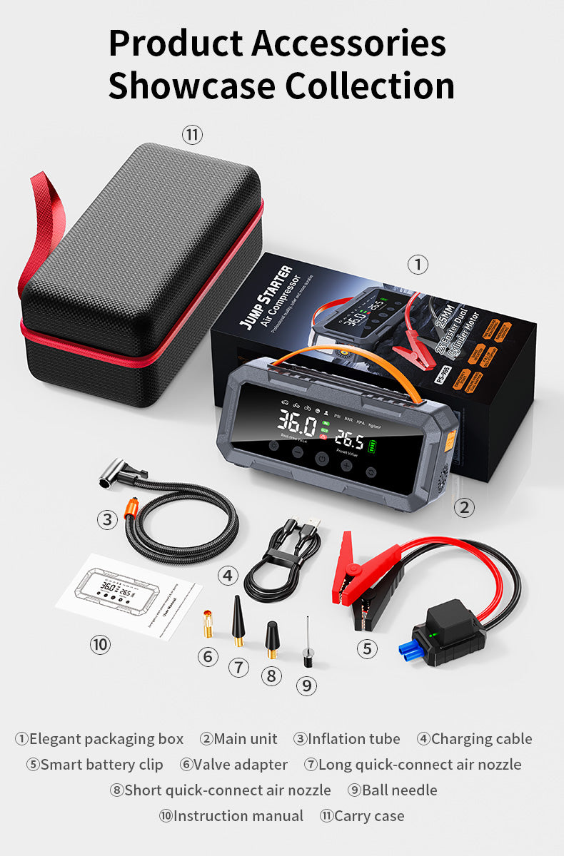Domars Jump Starter 2000A with Tyre Inflator 10000mAh Portable Auto-Stop Air Compressor, 12V Vehicle Compatible, Dual-Cylinder Pump, Emergency LED Light, Car Battery Booster