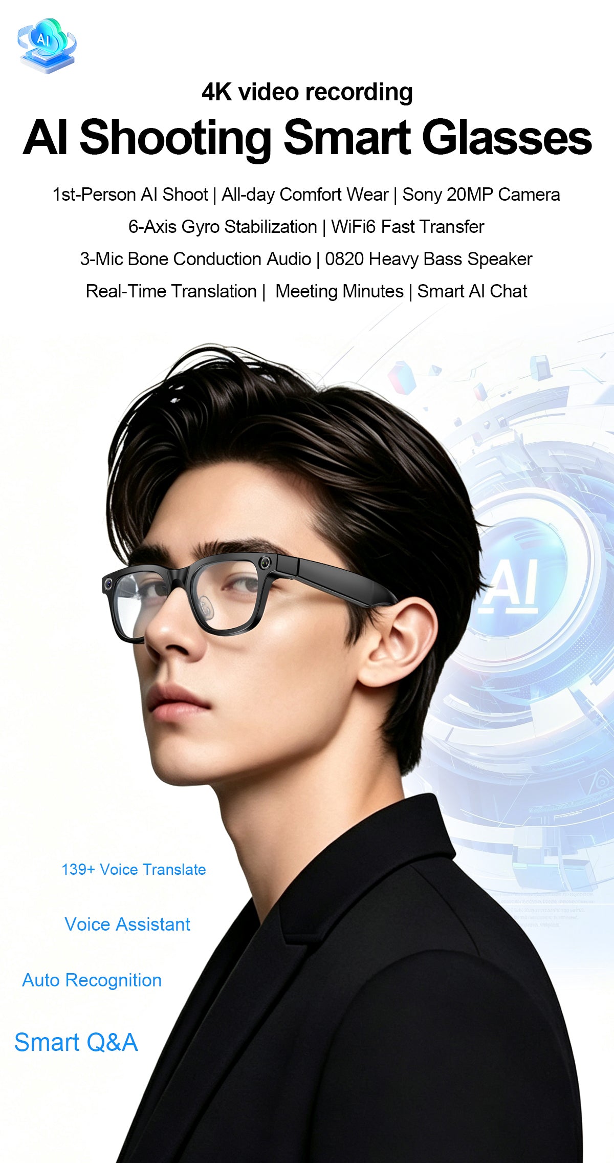 Smart Glasses with 4K Camera AI Translation Bluetooth Audio Eyewear