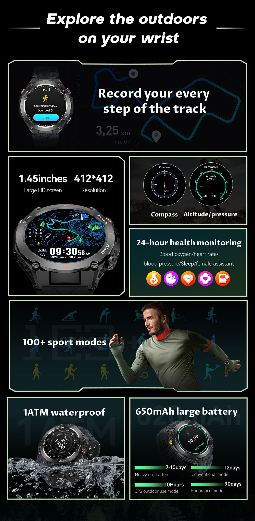 GPS Smart Watch for Men Women, Outdoor Sports Smartwatch with Bluetooth Call, 650mAh Big Battery, Compass Altimeter Barometer, 100+ Workout Modes, 1.45” Touch Screen Fitness Watch for Hiking