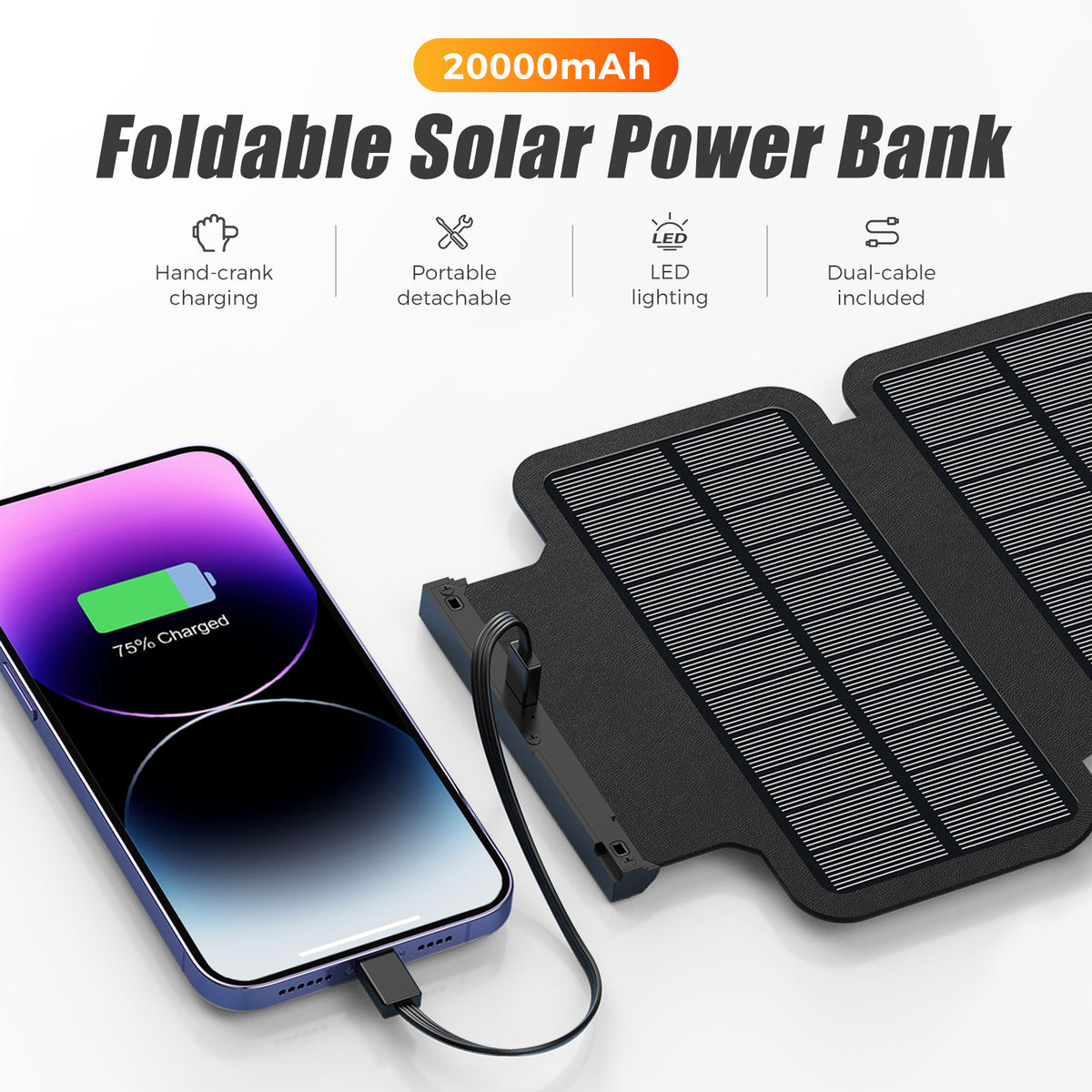 Domars Solar Power Bank 20000mAh with 6 Solar Panels, Super Fast Charging USB-C Portable Charger, IPX5 Water-Resistant External Battery Pack with Flashlight/SOS for Outdoor Emergency
