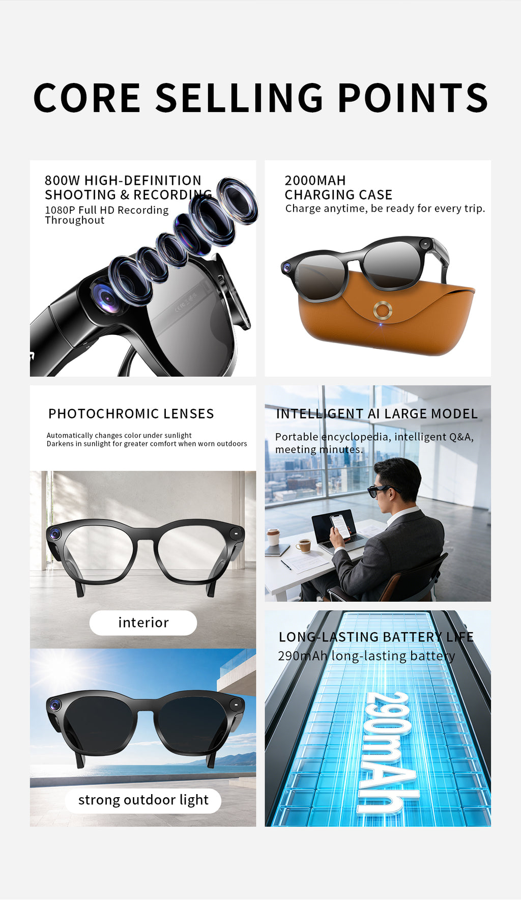 Domars AI Smart Glasses with Photochromic Lens, 8MP 1080P HD Camera for Video Recording, Voice‑Activated AI Assistant, Bluetooth Calling & Music, Portable 2000mAh Magnetic Charging Case for Outdoor Travel Daily Use