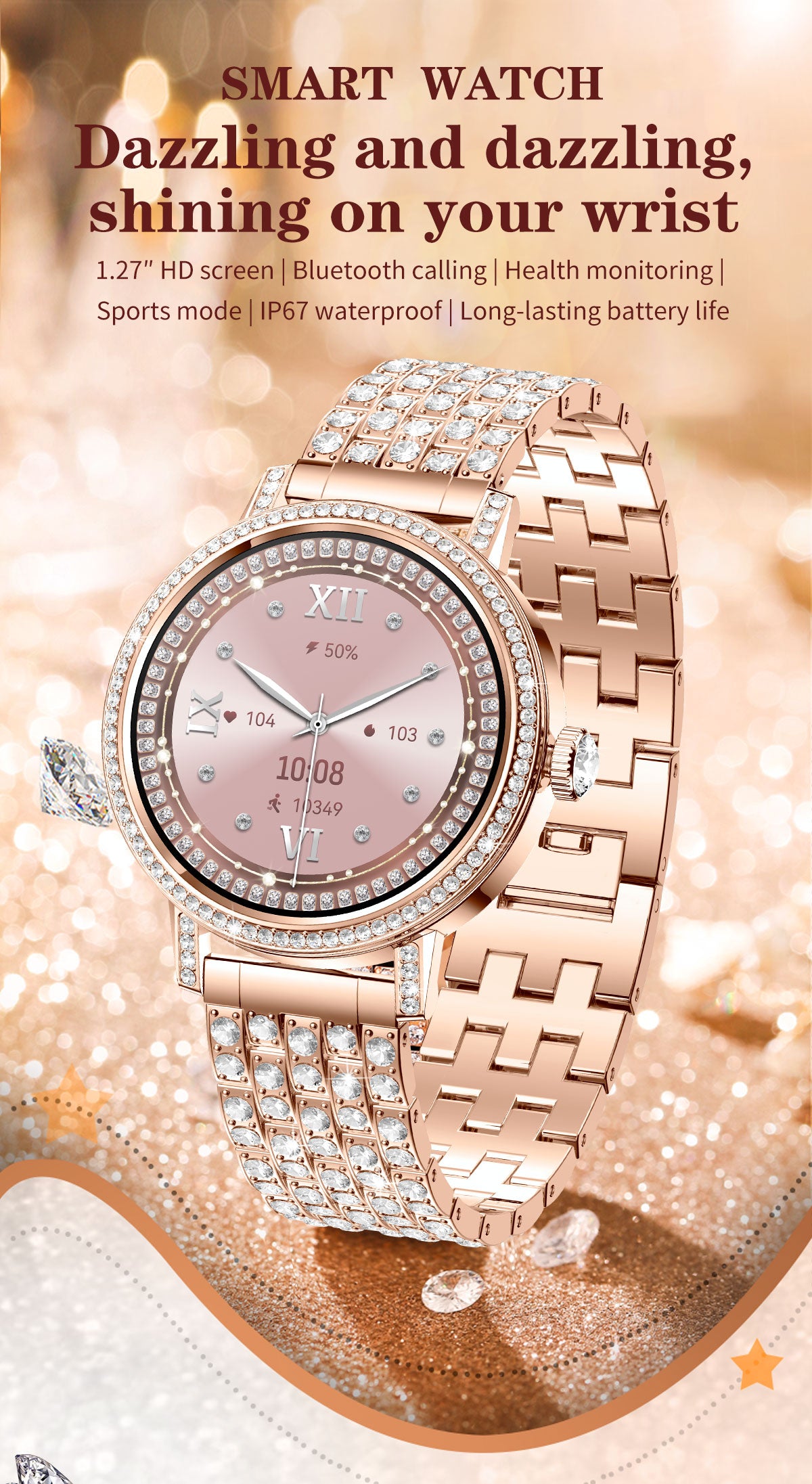 Smart Watch for Women, Diamond Encrusted Fitness Tracker, 1.27" HD Touch Screen IP67 Waterproof Smartwatch Compatible with iOS Android, Multi Sport Modes Long Battery Life Ladies Wrist Watch