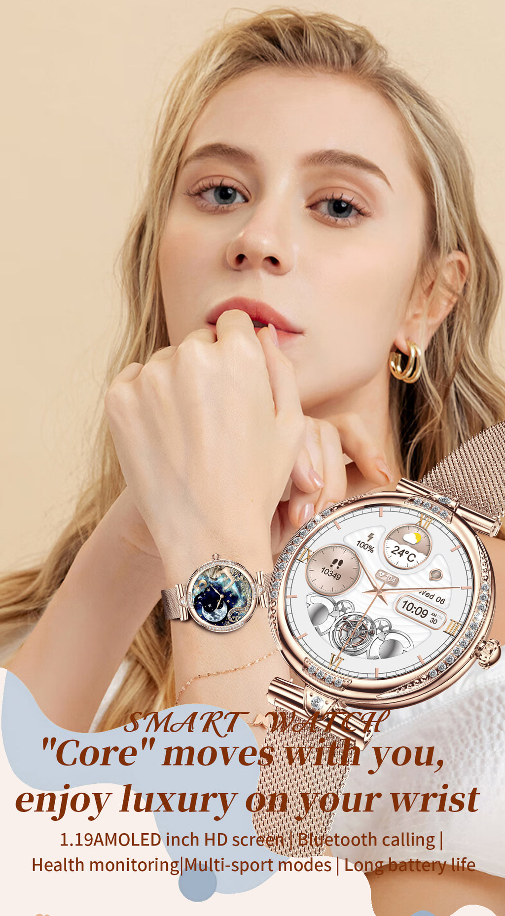Women Smart Watch, Bluetooth Calling Fitness Tracker, 1.19” AMOLED Diamond Round Wrist Watch IP68 Waterproof Stainless Steel Band Smartwatch for Android iOS Gold Silver
