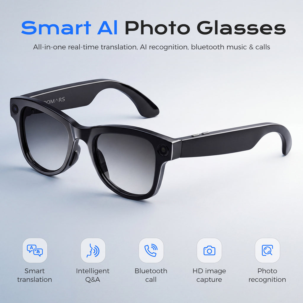 Domars AI Smart Glasses, 13MP Camera and Translation in 40 Languages, 1400mAh Charging Case, Wi-Fi and Bluetooth 5.3, Video and Audio, Real-Time Translation, Voice Assistant for iPhone 18/17/16