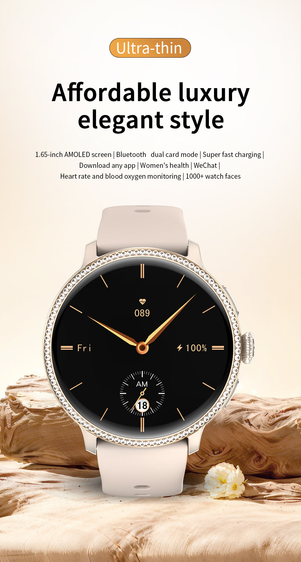 Smart Watch for Women 4G LTE Android Smartwatch with 1.65" AMOLED Screen, Diamond Bezel, Independent SIM Card, NFC Access Control, GPS Navigation, Fitness Tracking & Rotatable HD Camera