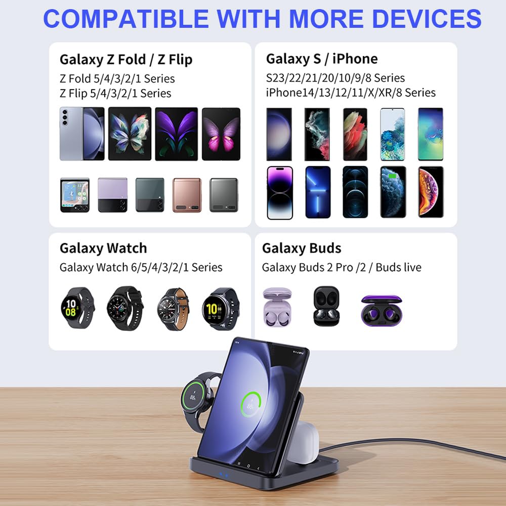 Domars 3-in-1 Foldable Wireless Charging Station, 15W Fast Charger for Samsung Galaxy Z Fold/Flip 5-1, iPhone 17-12, Galaxy Watch 6-1 & Buds, Compact Desktop Stand