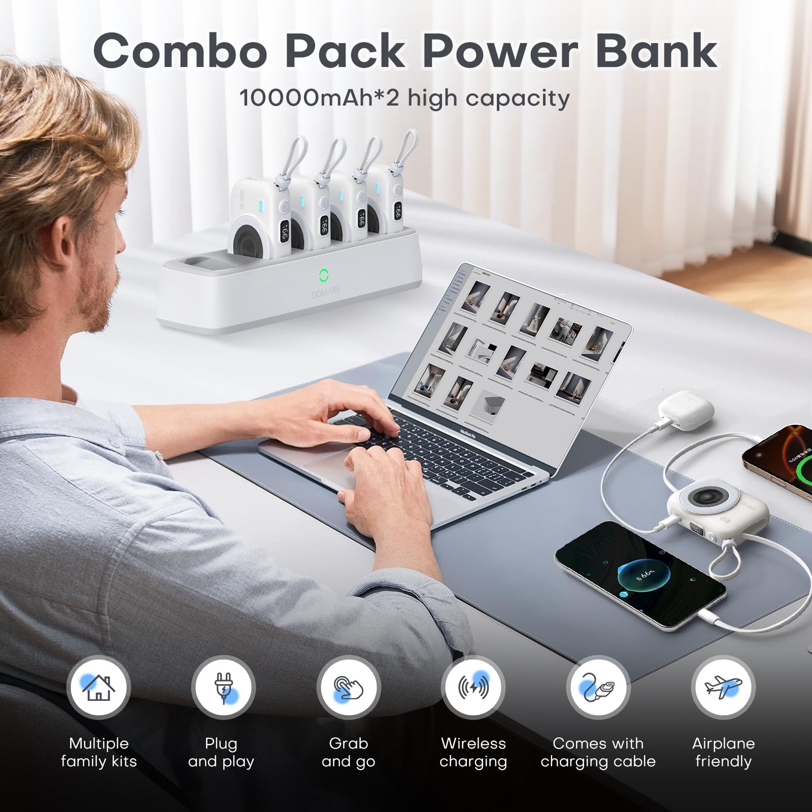 Domars Family Power Bank Station - 5-Port Shared Charging Hub with Multi-Device 10000mAh Portable Chargers, 22.5W Fast Charging, Built-in C/Lightning Cables, LED Display for Home Office Cafe Outdoor