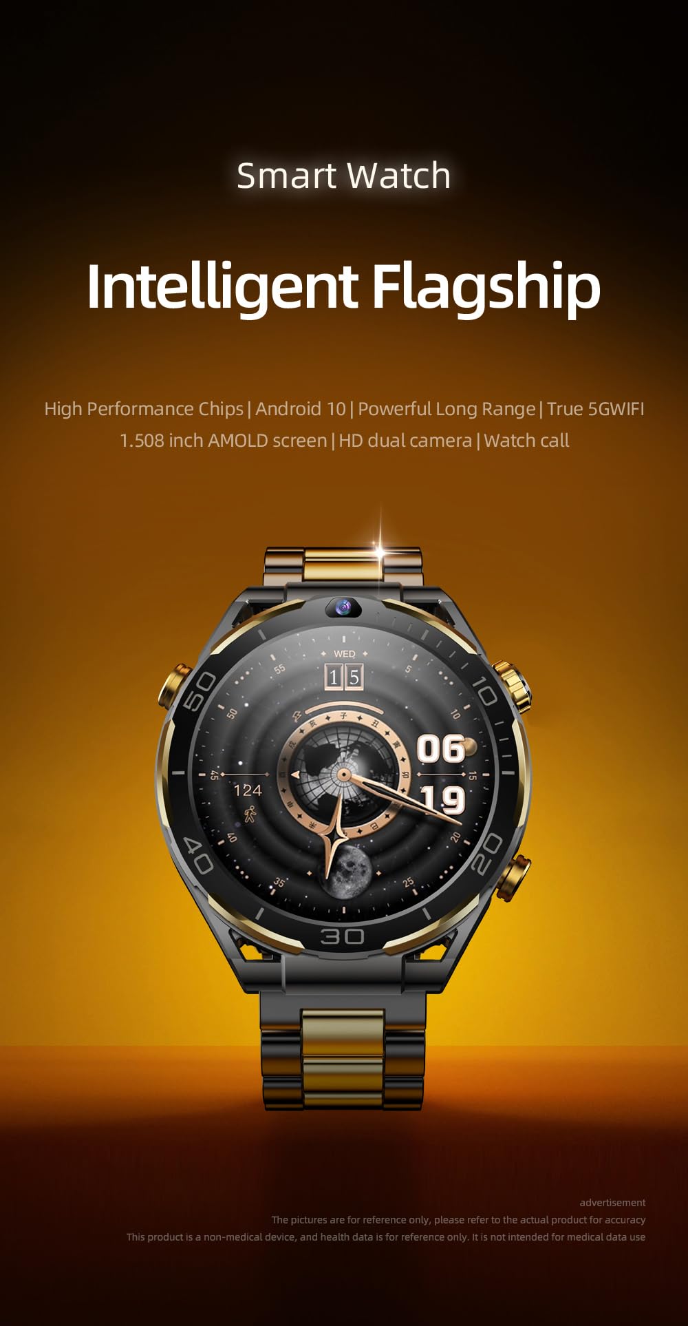 Domars Smart Watch with 200MP Camera, 6GB+128GB Memory, Android 10 OS, 1.5" HD Screen, 85 Language Support, 800mAh Battery for Men & Women